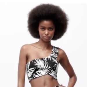 Zara One Shoulder Palm Print Jacquard  Cross Over Crop Top Size Small NWT